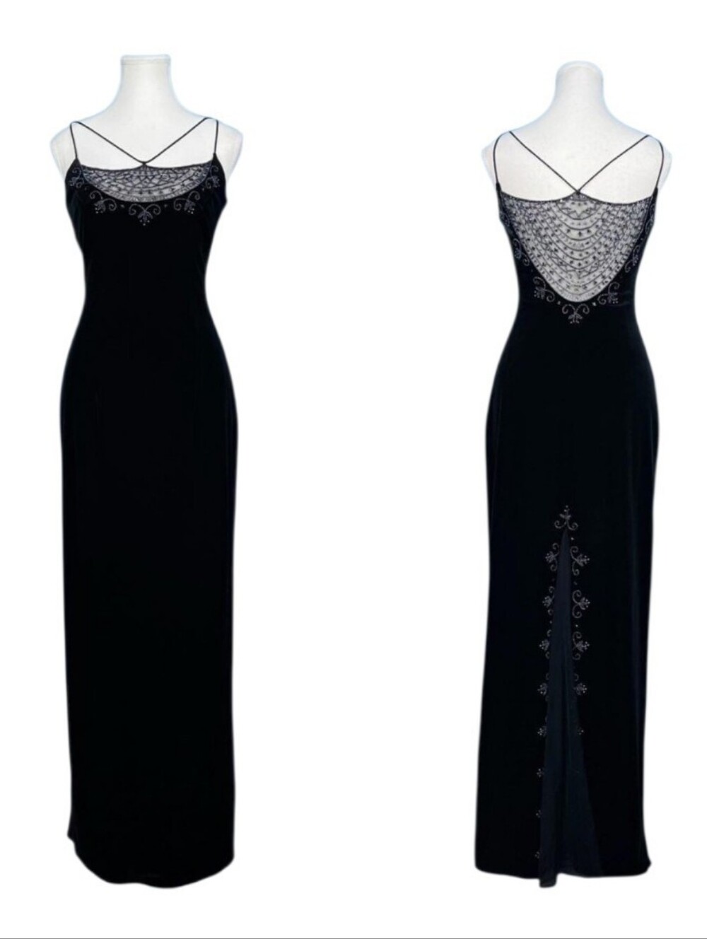 Vintage 90s Black Velvet Slip Gown with Lace Yoke